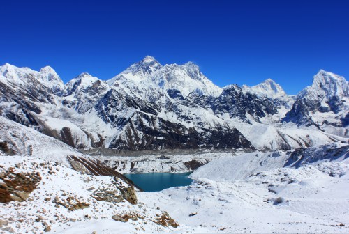 Looking over Gokyo Lake with Everest behind it.