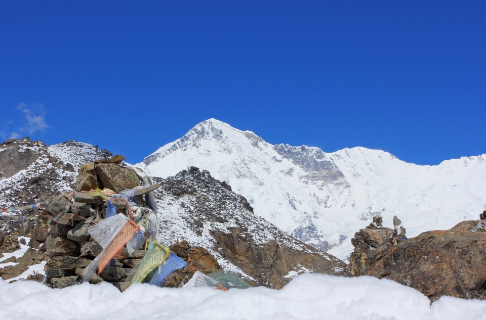 The summit of Cho Oyu as seen from Gokyo Ri. Cho Oyu is the sixth highest peak in the world at 8,201 metres.