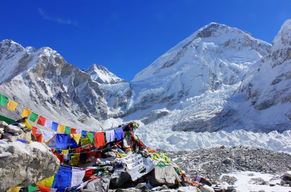 Prayer flags marking the otherwise empty campsite