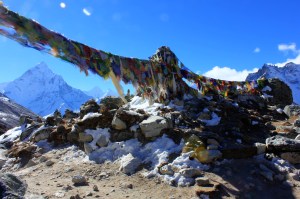 Prayer flags near the memorials.