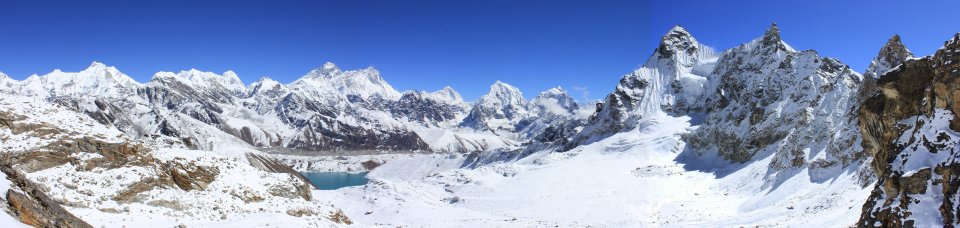 The view to Gokyo from the Renjo La. Everest is the high peak on the left above the lake.