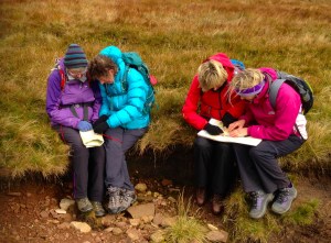 Students take a bearing to cross a featureless piece of ground