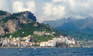 Amalfi in the distance as seen on the ferry from Positano